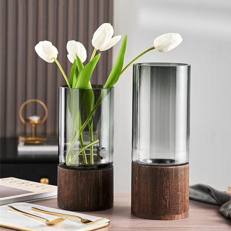 Simple Straight Wooden Pier Original Color Glass Vase Log Cylindrical Rich Bamboo Decoration Water-raised Flower Arrange Dried Flower Ornaments