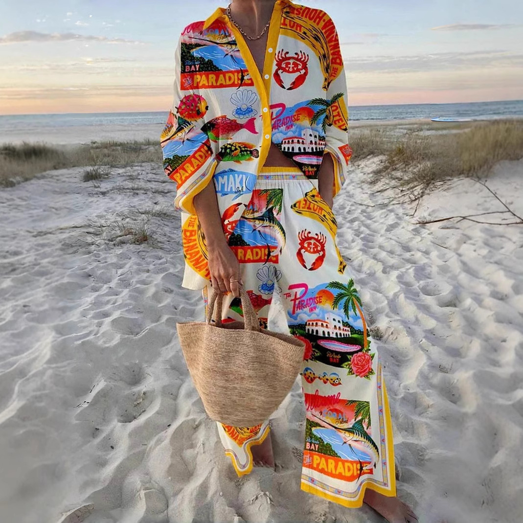 2025 Holiday Style Cruise Outfit Seaside Tropical Print Women's Suit Shirt Set
