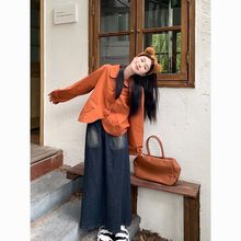 山力达迪盐系套装女复古牛仔背心马甲衬衫秋季高腰半身裙长裙学院