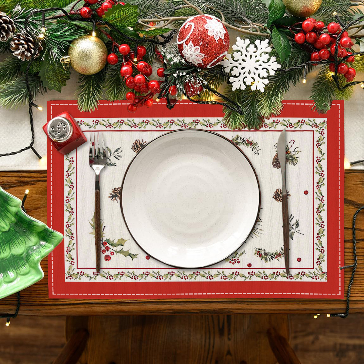 Home & Garden Christmas Tree Bell Printed Placemat Red Striped Plaid Linen Table Mat Christmas Party Decoration Insulation Mat_voghion.com