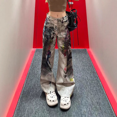 南油婦人服2025夏泼墨デニムパンツ男女兼用レトロミッドウエストクロスカバー着痩せ薄型ワイドレッグパンツ