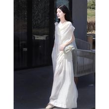 感白色无袖衬衫套装女夏季法式设计感简约高腰半身长裙两件套