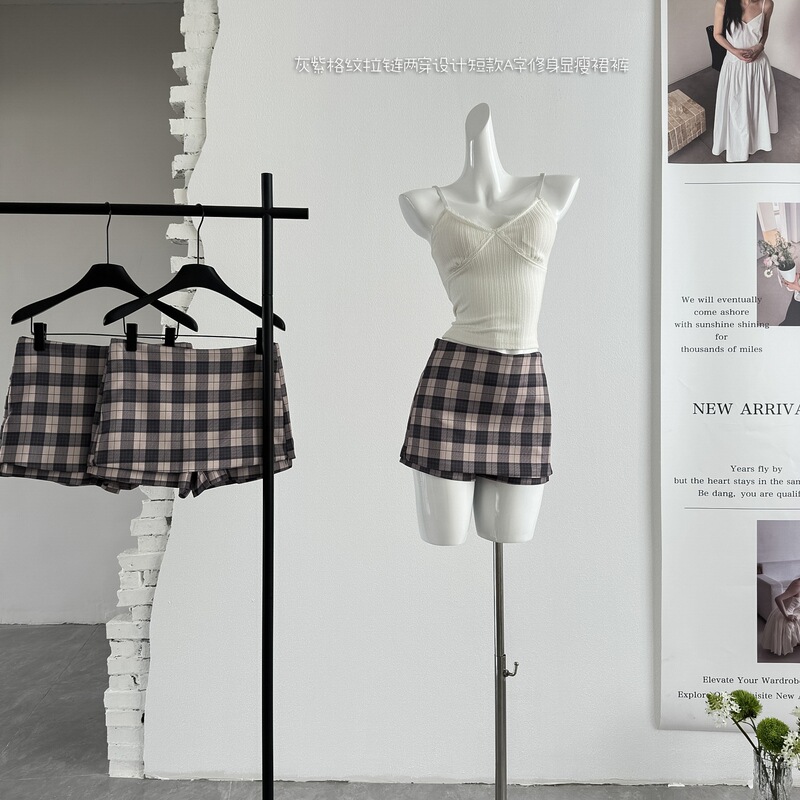 Retro College Style Gray and Purple Plaid Zipper Two-Way Wear Short A-Line Slim Fit Skirt Pants 2026 Summer Half Skirt