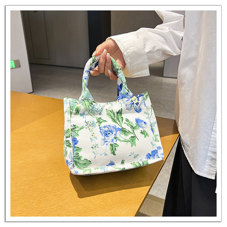 105g Weight Sewing Thread Fashion Element Magnetic Buckle Closure Type Double Handle Strap Type Handbag Bags Type Holiday, Daily Occasion Canvas Material Women's Backpack Backpack Flower Pattern All Seasons Season Women's Gender Elegant Style Square Shape Women's Canvas Flower Elegant Sewing Thread Square Magnetic Buckle Handbag 3