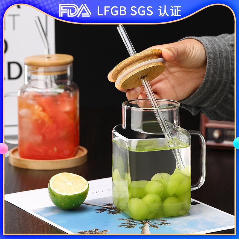 Paja vidrio ins estilo hogar borosilicato con mango marca taza de agua de gran capacidad Oficina taza con tapa