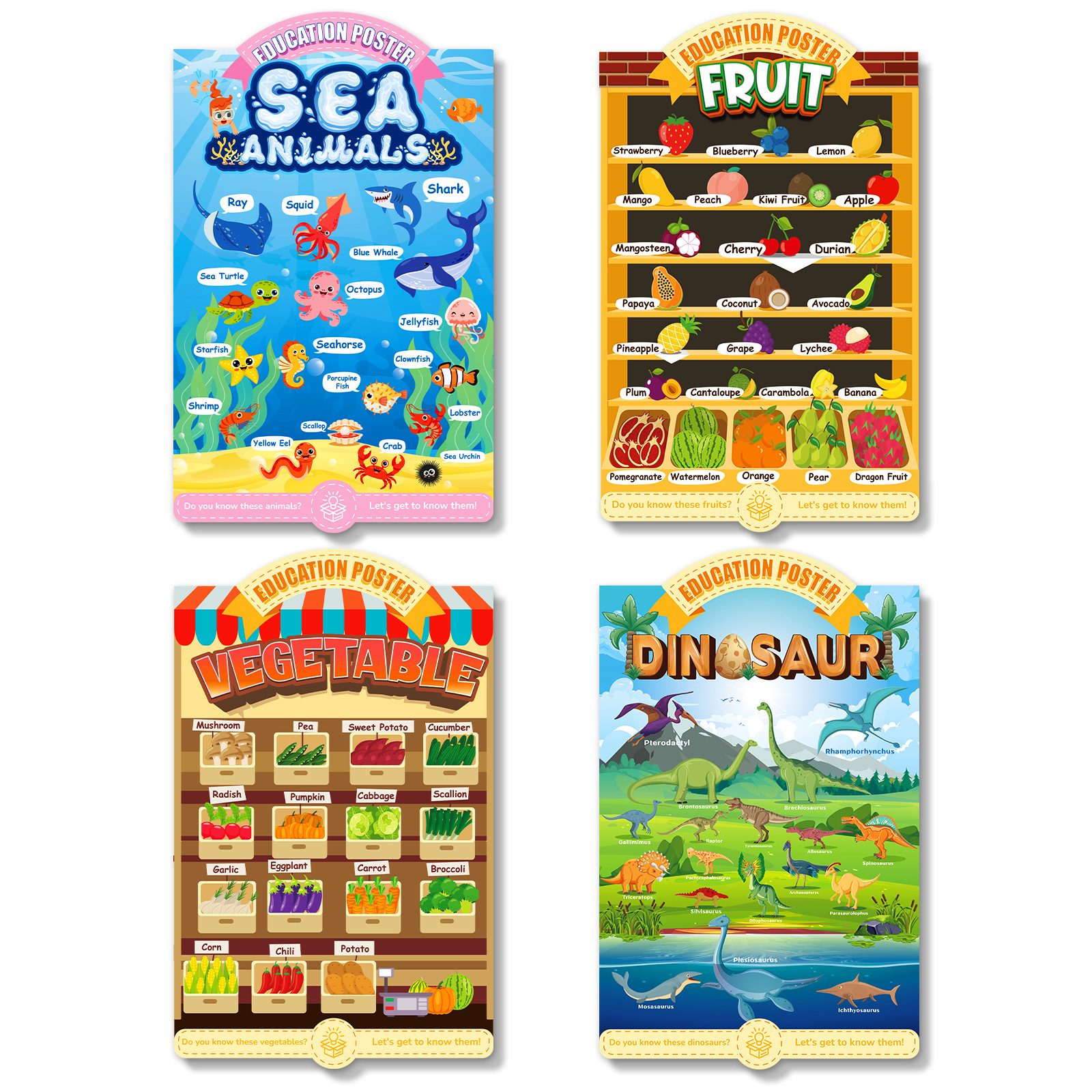 4 sheets/sets Amazon cross-border children's early education cognitive cartoon wall art fruits and vegetables ocean dinosaurs educational posters