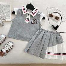 夏季女童套装2025新款无袖大蝴蝶结上衣百褶短裙儿童学院风两件套