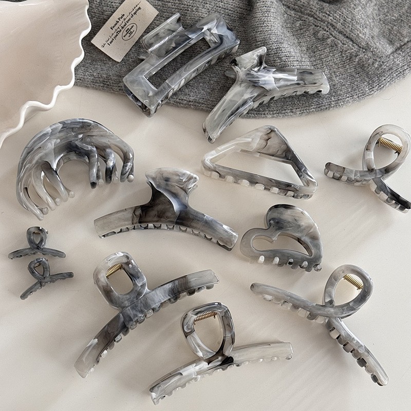 新款高级小众感发夹简约复古爪夹后脑勺黑白灰水墨国风头饰女