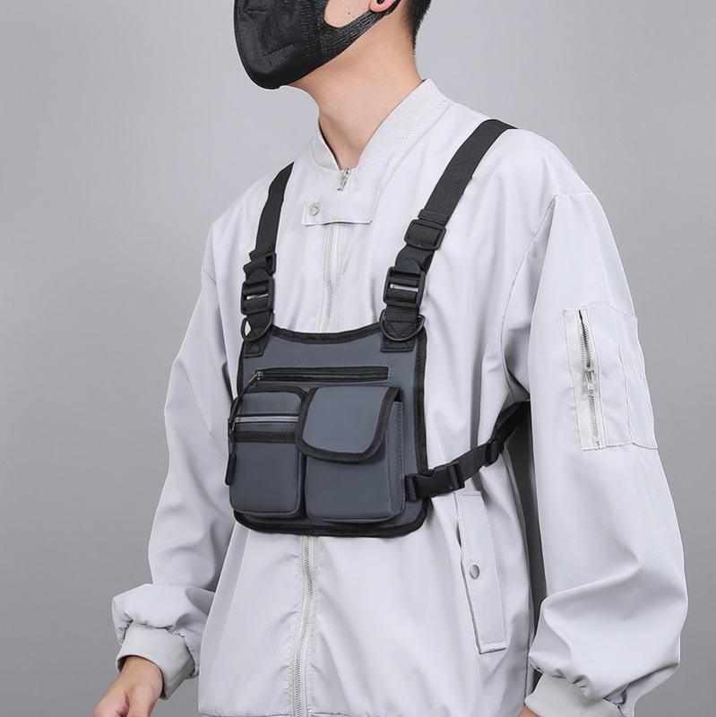トレンドpu皮膜戦術バッグ大容量多ポケット機能ベストバッグカジュアル個性工装風男性胸バッグ|undefined