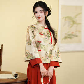 8666#新中式汉元素民国风改良旗袍上衣秋冬花色茶艺服日常套装