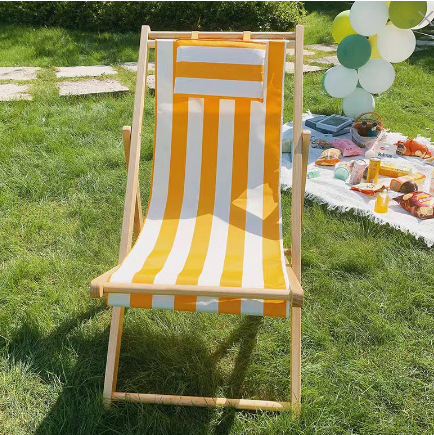 Folding Wooden Oxford Deckchair Portable Solid Wood Beach Chair