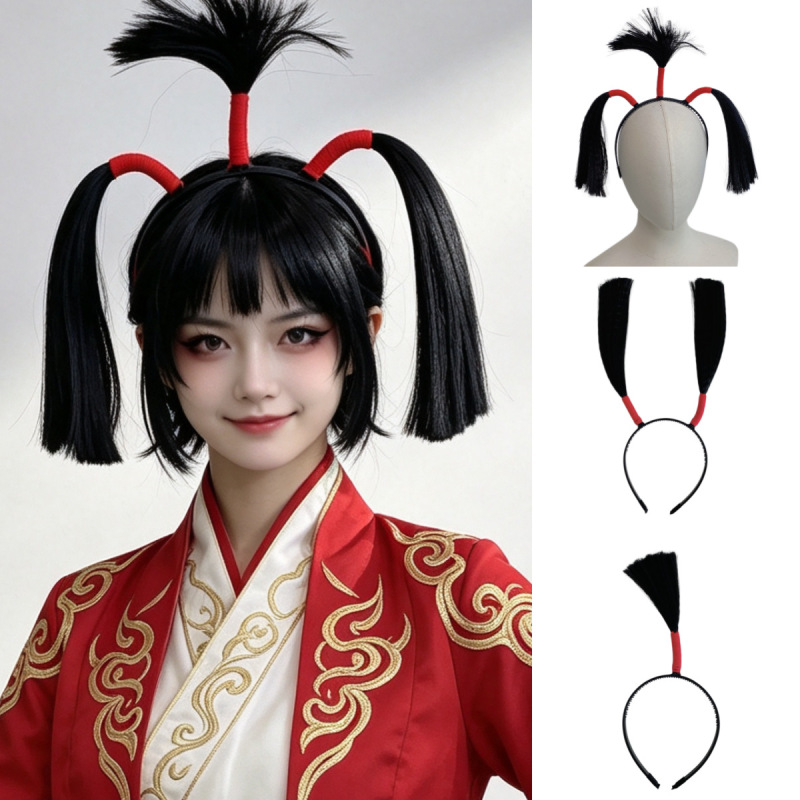 Manufacturer's ready-to-ship headband wig, featuring a double ponytail and a "cosplay demon" headband, a fun and quirky hair accessory, and a prop for photoshoots Manufacturer's ready-to-ship headband wig, featuring a double ponytail and a "cosplay demon" headband, a fun and quirky hair accessory, and a prop for photoshoots