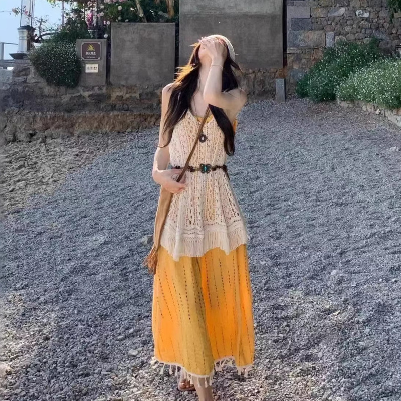 Bohemian Style Vacation Outfit, Korean Style Tassel Suspender Dress, Layered Hollow-Out Blouse, Women's Summer Set