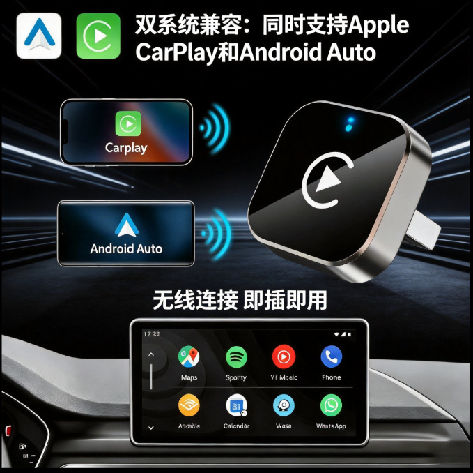 Universal Wireless Carplay Adapter for Cars, 2-in-1 Android Auto Screen Mirroring Plug-In Converter Box