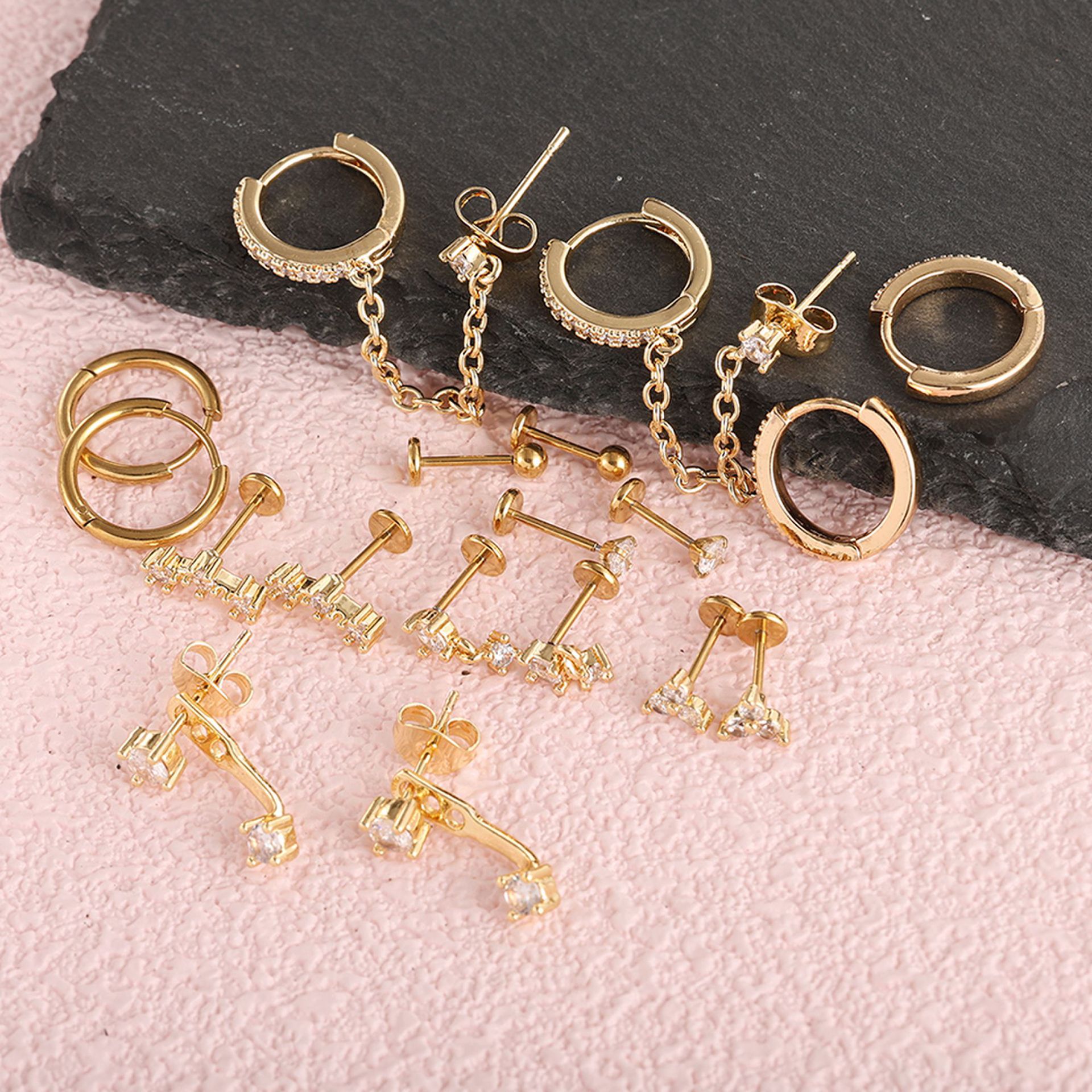 20 Piece Stainless Steel Lip Studs and Ear Cartilage Hoops Set, 20G Real Gold Plated Zircon Earrings detail image 9