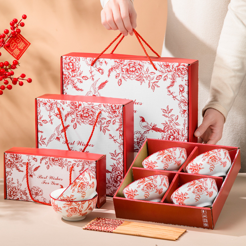 Wedding ceramic gift set with red roses and magpies, bowl and chopsticks set, return gift for relatives and friends, wedding blessing and souvenir