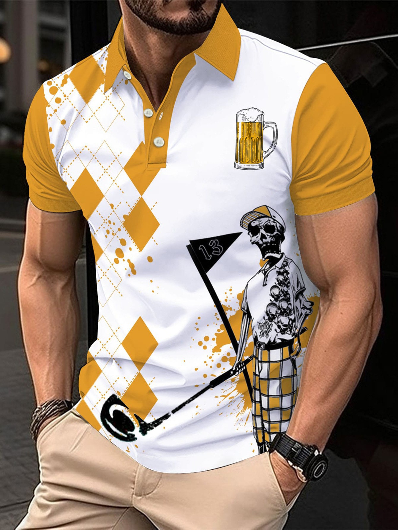 Polo de hombre con estampado 3D para comercio transfronterizo 2025, camiseta polo sin mangas informal con patrón para hombre, estilo D de seda helada.