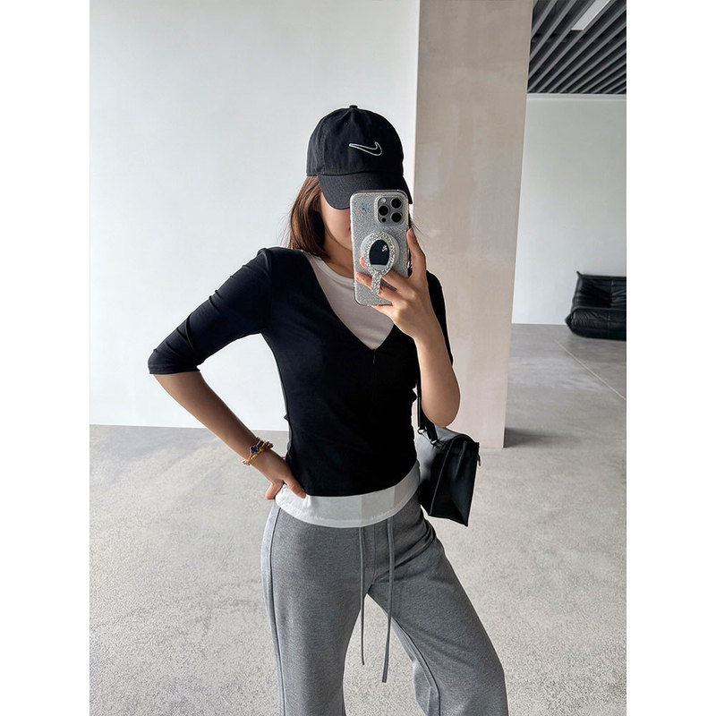 [Premium Selection] Korean-Style Chic Color-Blocking Faux Two-Piece Zip-Up T-Shirt, Summer Niche Design Mid-Sleeve Top Wq293