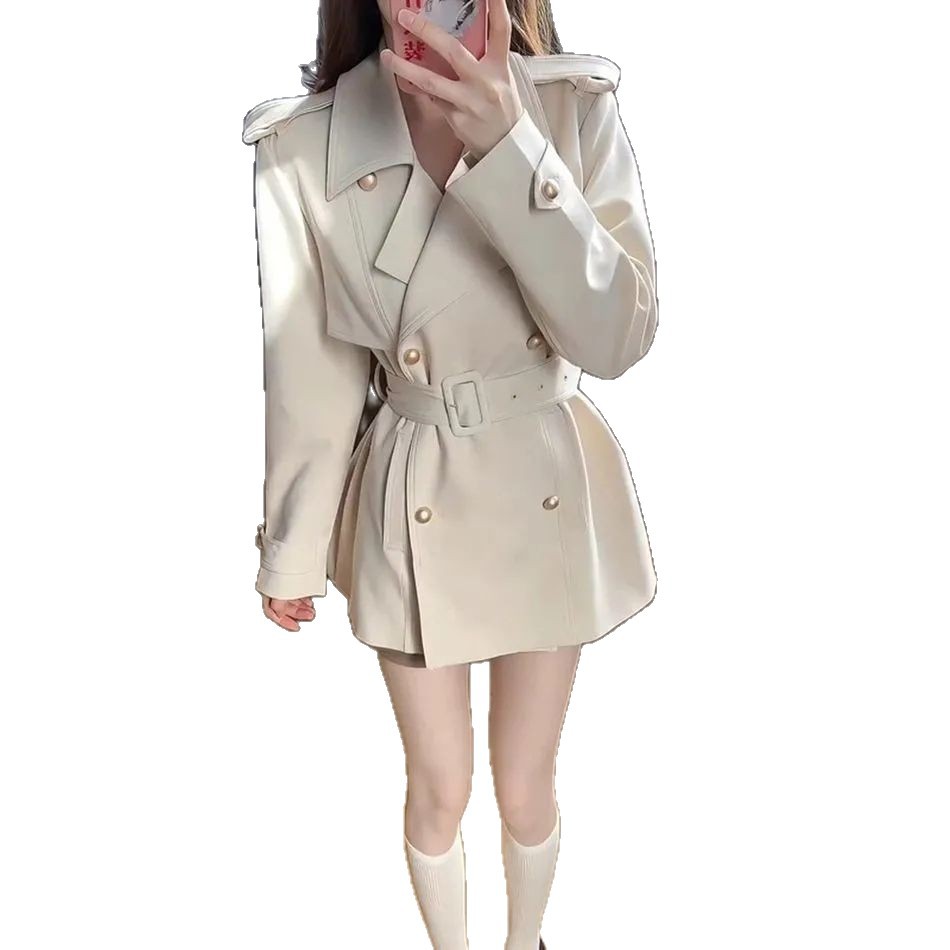 2025 Spring and Autumn Mid-Length College Style British Trench Coat for Women, Internet Celebrity Hepburn Style Petite Blazer Jacket for Women Trend 9507