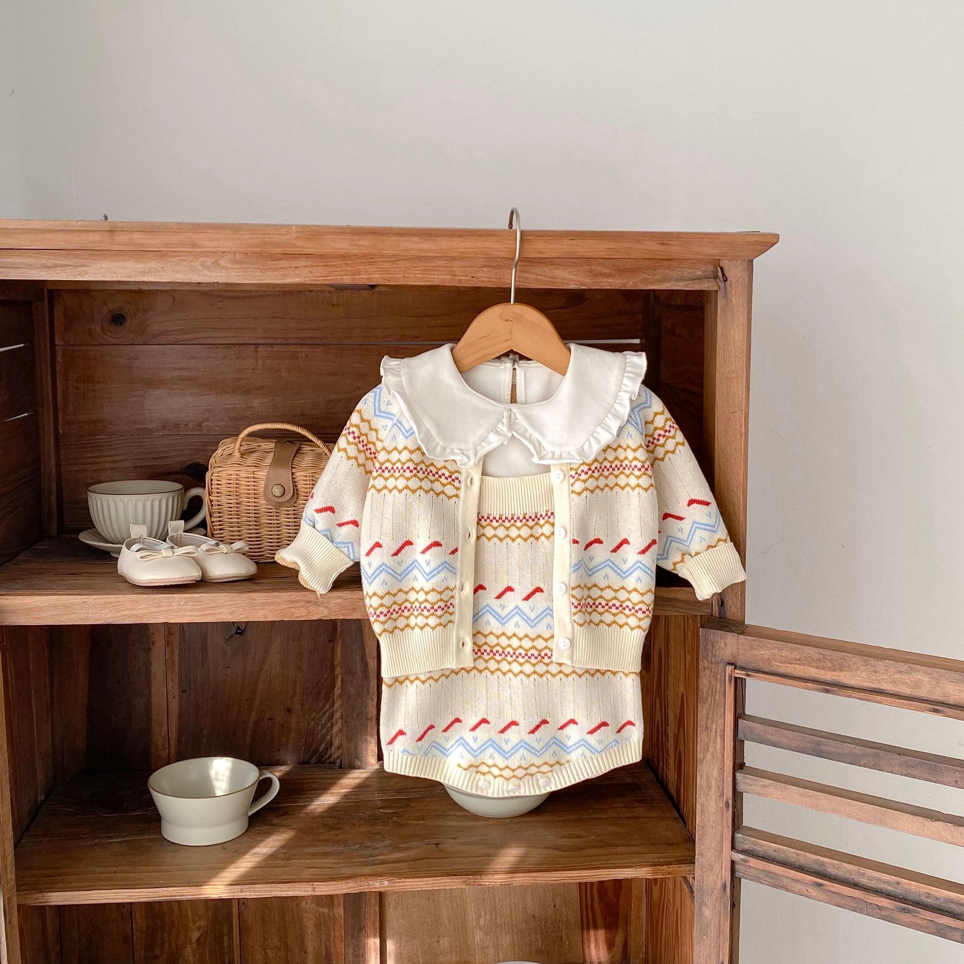 2024 őszi új unisex jacquard kötött szett fiúknak, lányoknak, babáknak, hosszú ujjú kardigán és khaki színben külön-külön_voghion.com