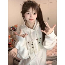 美式高街毛绒贴布绣连帽卫衣女春秋2025宽松学院风休闲百搭外套潮