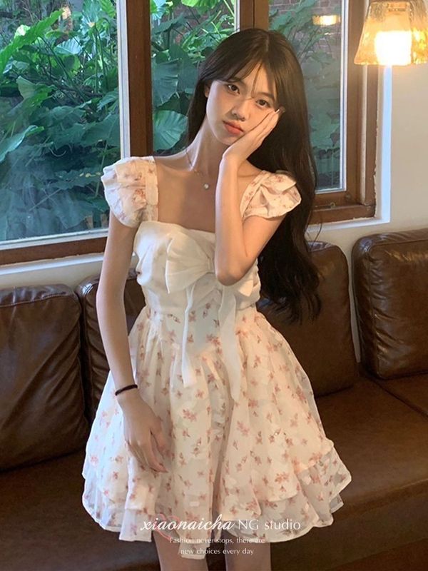 法式甜美风小飞袖碎花连衣裙女夏小个子蝴蝶结收腰在逃公主短裙子|undefined