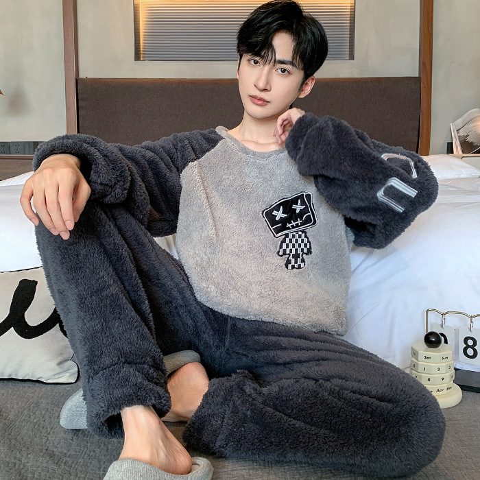 Pijamas de peluche de invierno para hombres guapo simple dibujos animados panda de peluche grueso ropa de casa de dos piezas