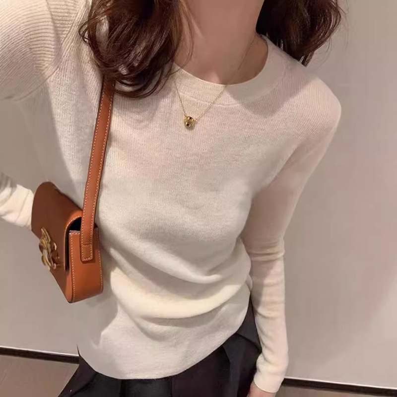 Worsted Wool Base Shirt Korean Style Slim-fit Slimming Knitted Top Round Neck All-match Pullover Thin Sweater for Women Worsted Wool Base Shirt Korean Style Slim-fit Slimming Knitted Top Round Neck All-match Pullover Thin Sweater for Women