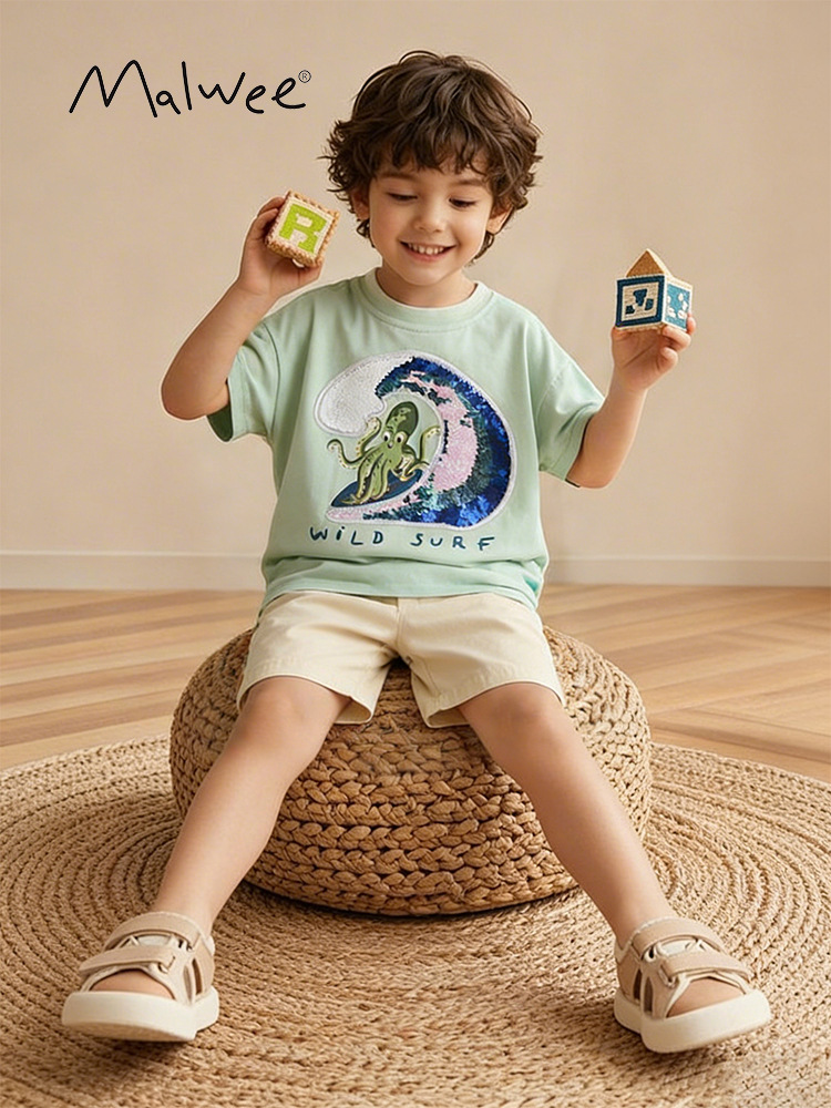 Malwee transfronterizo juego de niños de verano nuevo guapo cuello redondo camiseta europea y americana para niños de mediana edad ocio dos piezas juego