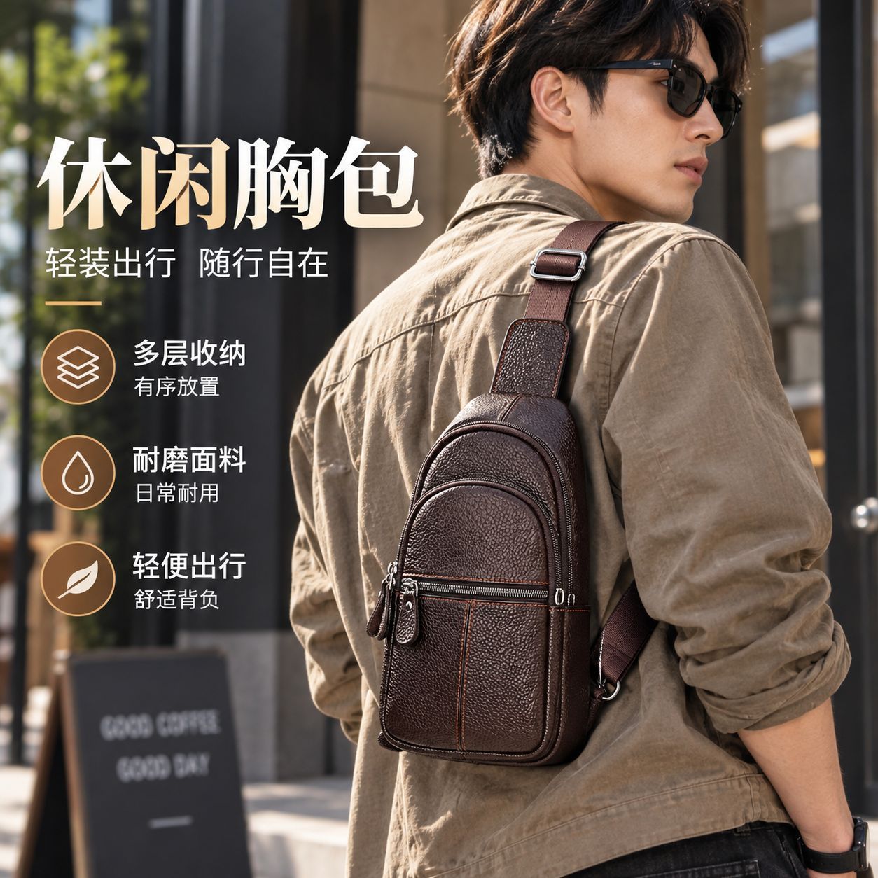 Men's casual leather chest bag, single-shoulder crossbody bag, multi-layered storage, suitable for commuting and outdoor activities, available in stock