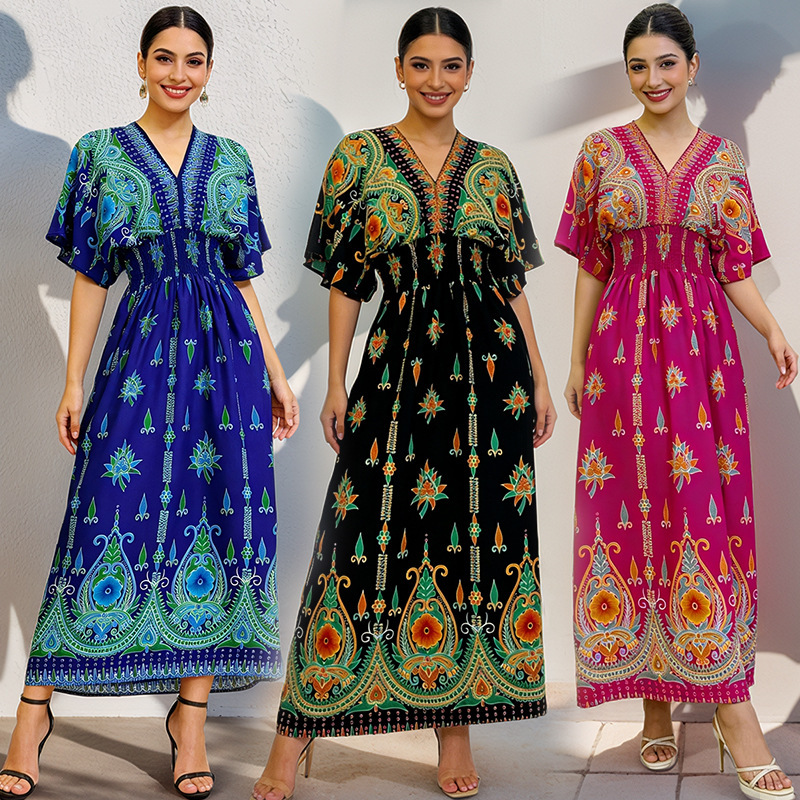 Cross-border Ethnic Style V-neck Cotton Silk Short-sleeved Beach Dress Thailand Travel dress Summer Printed Holiday Floral Dress Cross-border Ethnic Style V-neck Cotton Silk Short-sleeved Beach Dress Thailand Travel dress Summer Printed Holiday Floral Dress