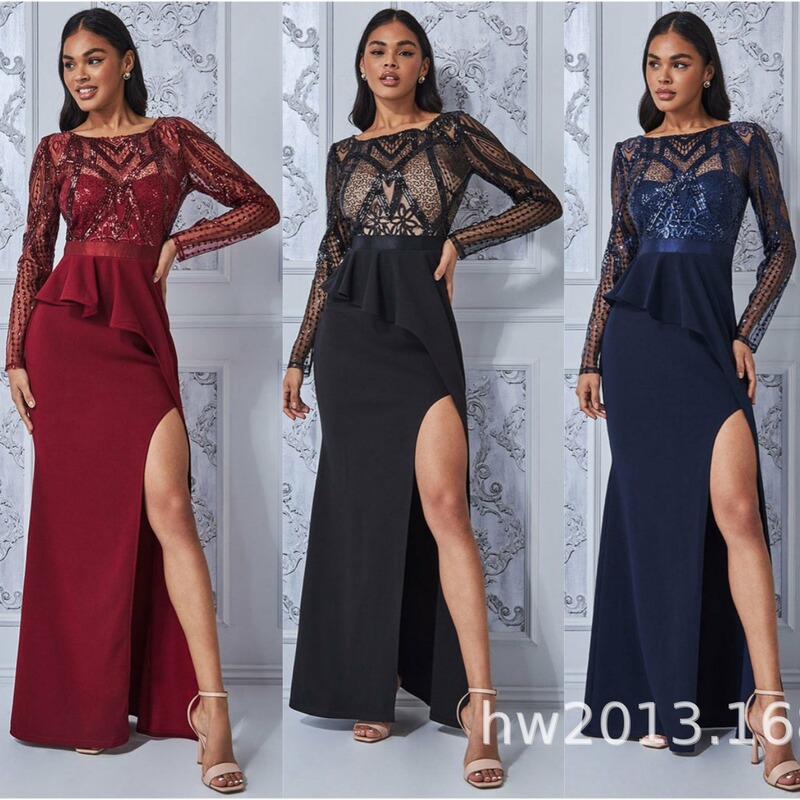 Cross-border European and American women's clothing new waist ruffled long sleeve see-through sequins Sexy Slim split length dress