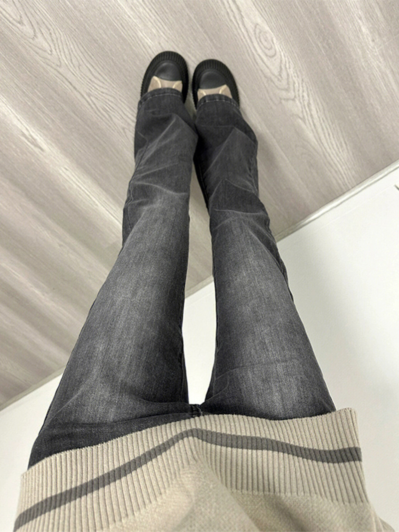 Women's High Waist Stretch Flared Jeans - Vintage Black Gray Bootcut Pants For Spring, Straight Leg To Floor Length​_ecoleips.com