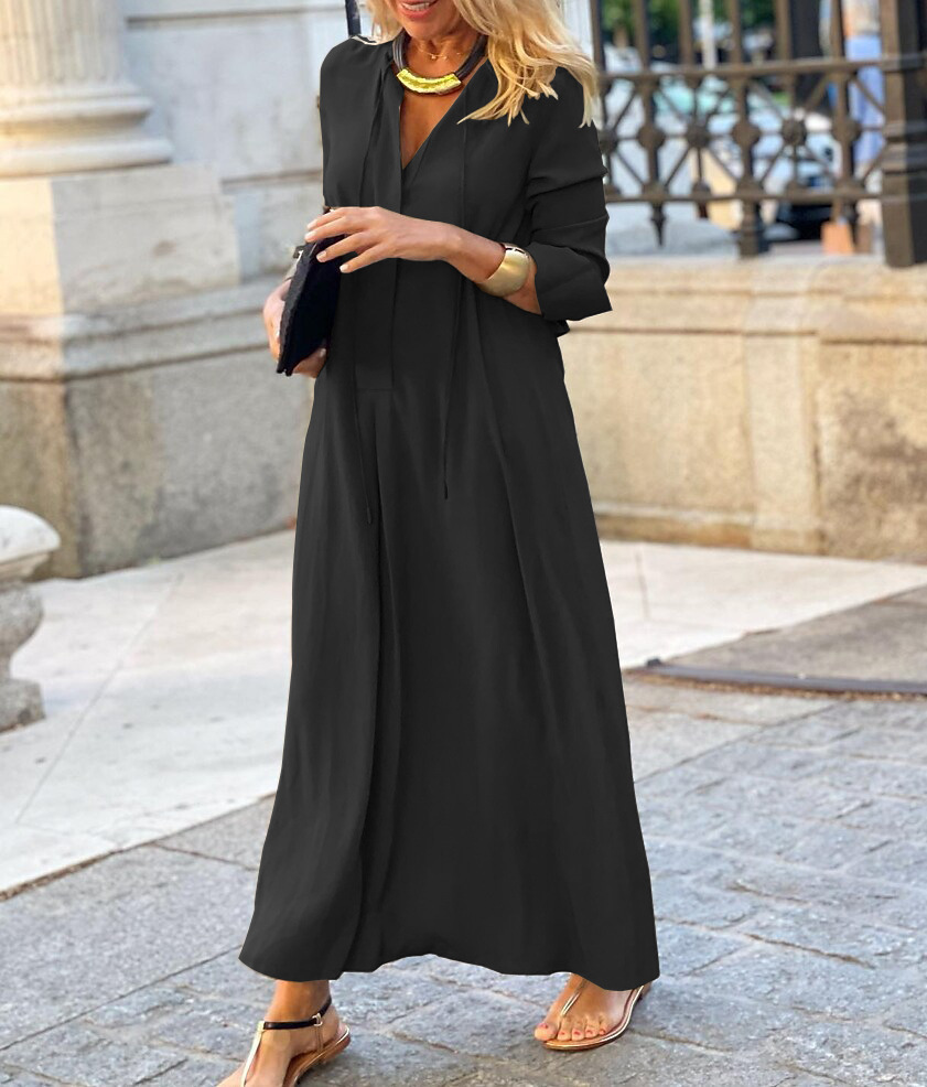 large swing lapel long sleeve v neck loose solid color shirt dress NSMVS139807