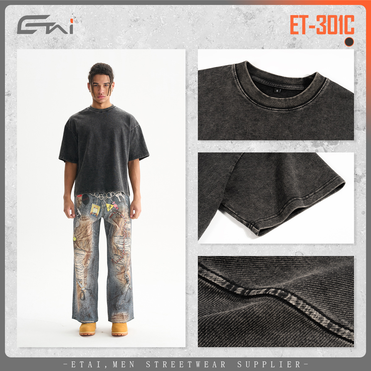ETAI para hombre | Camiseta de manga corta de algodón de sarga de punto para hombre de la marca de moda para hombre Camiseta retro lavada de alta calidad para hombre