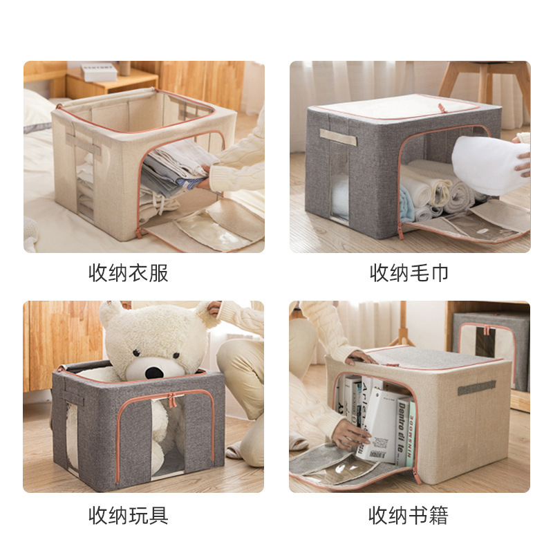 Caja de almacenamiento plegable de gran capacidad de algodón y lino ropa de hogar edredón de almacenamiento y acabado de tela caja de almacenamiento de marco de acero en stock