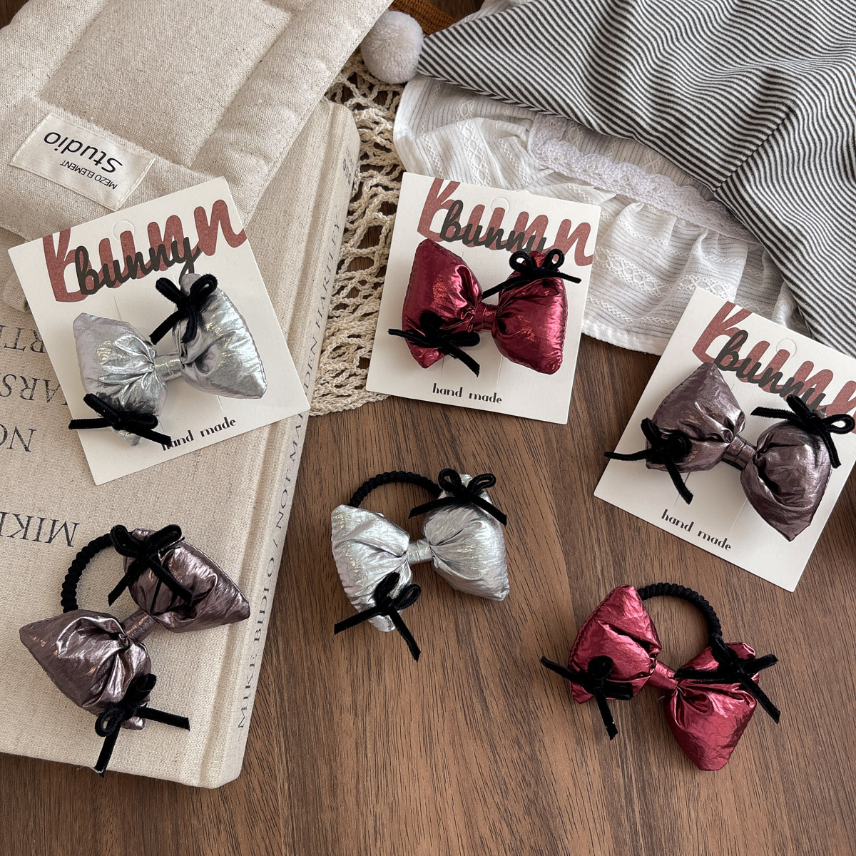 韩系小众设计感银色充棉蝴蝶结发夹芭蕾风少女百搭领结发圈扎头发