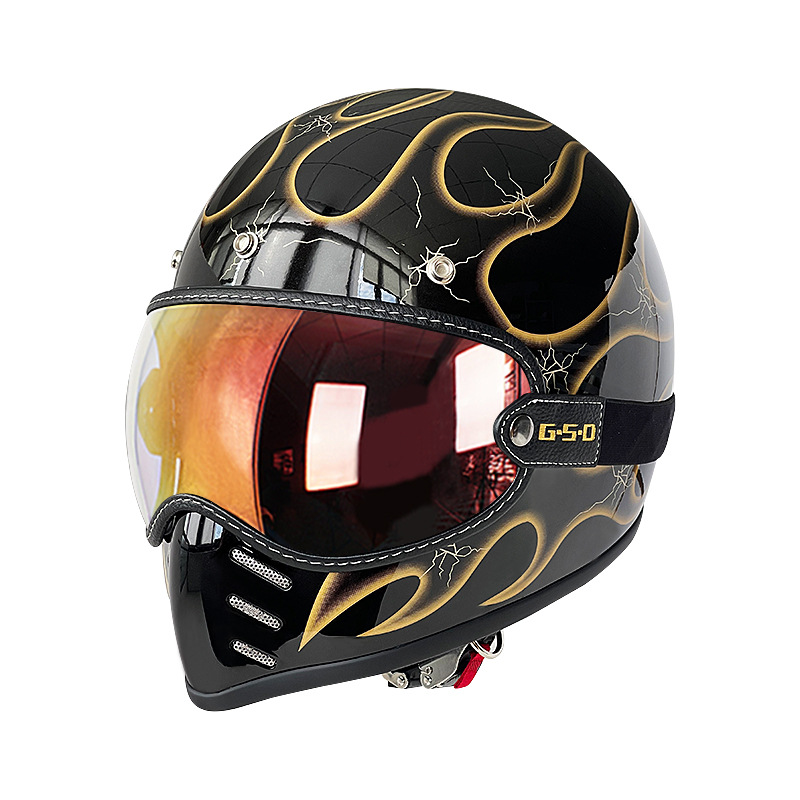 Motosiklet kaskı (dəbilqə) — Motuoche Winter Safety Helmet - black-with-gold-flames-colored-visor-m55-56