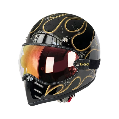 Motosiklet kaskı (dəbilqə) — Men and Women, Winter and All-Season - black-background-gold-flame-color-mirror-m55-56
