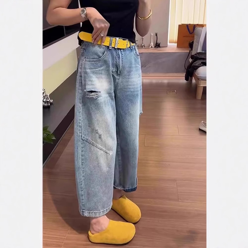 Vintage Summer New Wide-Leg Jeans for Women, Dad Pants, Slimming Carrot Pants, Plus-Size Thin Ripped Harem Pants