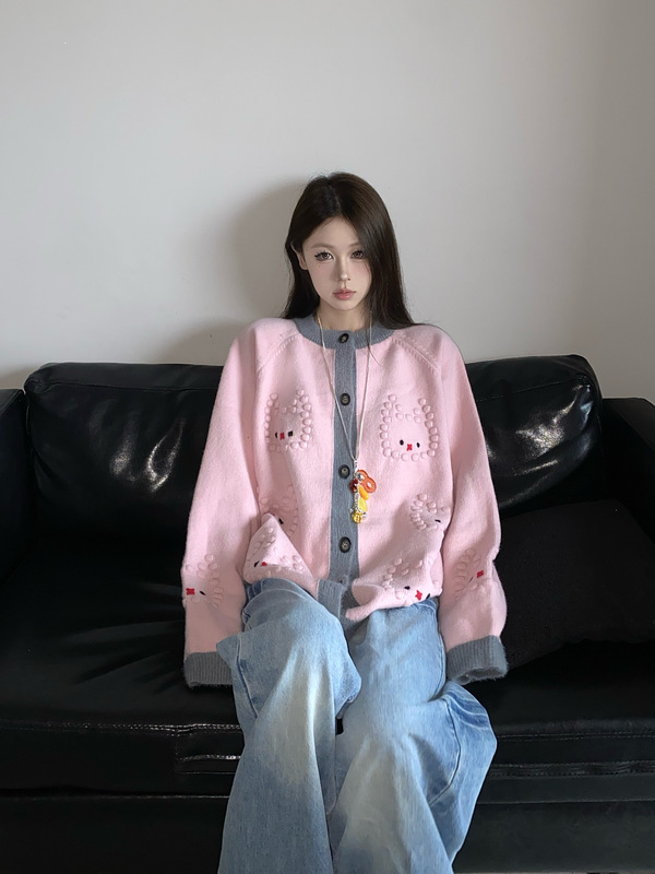 慵懒风可爱卡通学院风针织开衫韩版复古百搭针织毛衣外套女上衣潮|undefined