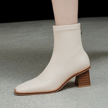 溫柔氣質方頭簡約優雅通勤瘦瘦靴2021冬新韓版款粗高跟彈力短靴女