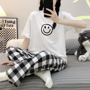 Cross-border Hot-selling Spring and Autumn Short-sleeved Pants Two-piece Plaid Pants Cartoon Casual Home Wear for Women