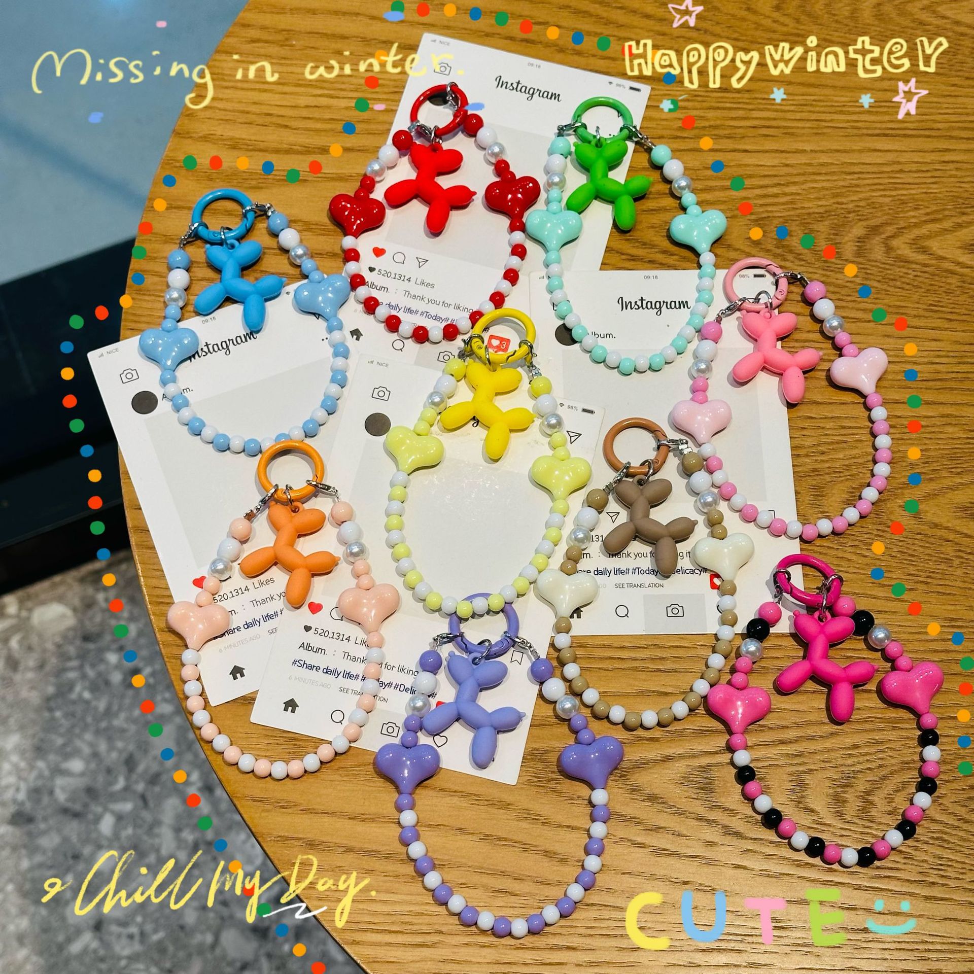 Xiaohongshu Versatile Acrylic Beaded Lanyard Mobile Phone Chain Car Keychain School Bag Bag Accessories Pendant DIY Handmade