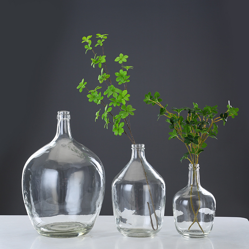 Botella de vidrio simple, boca pequeña, jarrón de barriga grande, reloj colgante de madera de caballo borracho, arreglo floral, decoración de la sala de estar, decoración hidropónica, gran