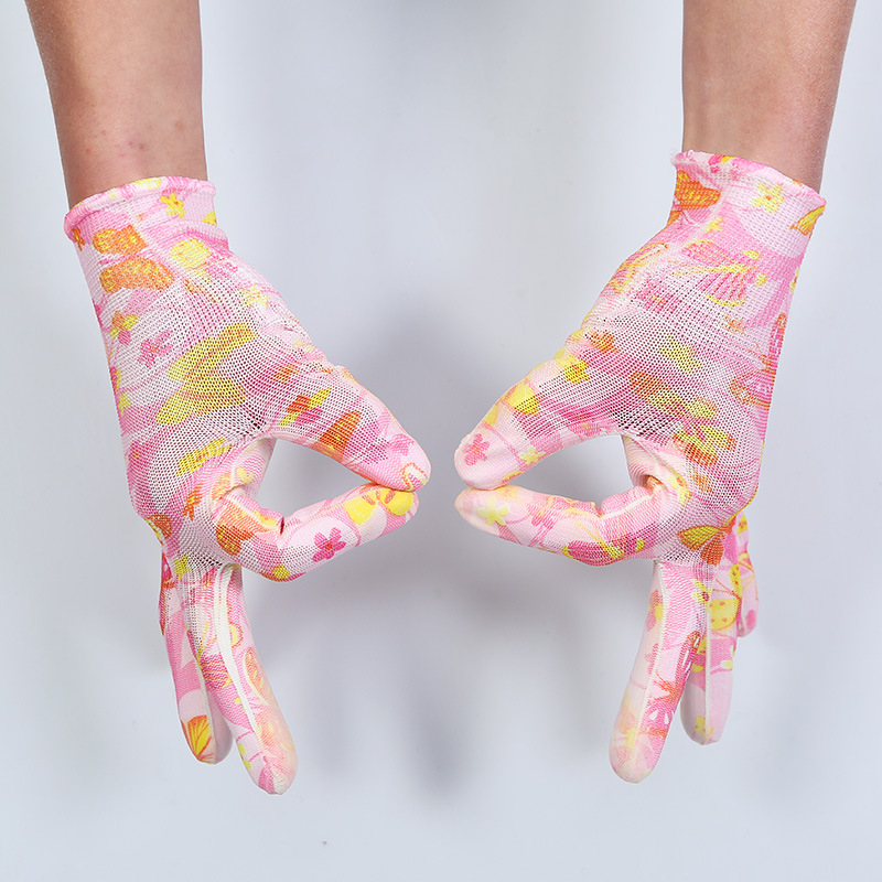 Guantes delgados de trabajo transpirables de goma impregnada antideslizante resistente al desgaste recoger guantes de protección laboral de color de nylon PU