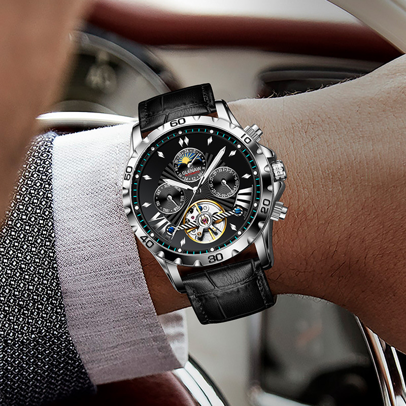 Đồng hồ nam automatic skeleton lộ máy Glenn – dây da/dây thép, chống nước, dạ quang