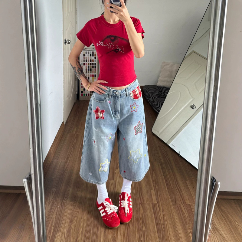 Star Patchwork All-Over Print Denim Cropped Pants for Petite Women, Straight Loose Fit, Slimming High-Waisted Wide-Leg Pants for Women