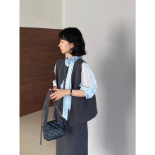 山力达迪 灰色西装裙套装浅蓝微透衬衫女春秋马甲半身裙