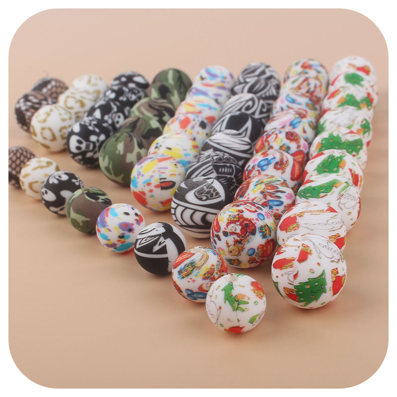 12mm y 15mm Navidad impresión en color de silicona DIY joyería bebé chupete cadena mordedor pulsera pequeños accesorios